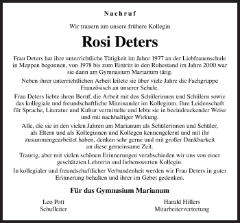 Traueranzeige von Rosi Deters von Neue Osnabrücker Zeitung GmbH & Co. KG