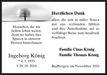 Traueranzeige von Ingeborg König von Neue Osnabrücker Zeitung GmbH & Co. KG