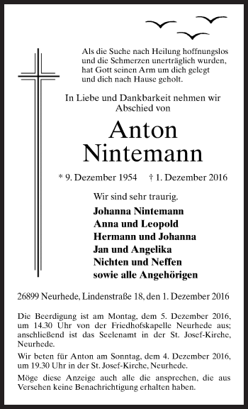 Traueranzeige von Anton Nintemann von Neue Osnabrücker Zeitung GmbH & Co. KG