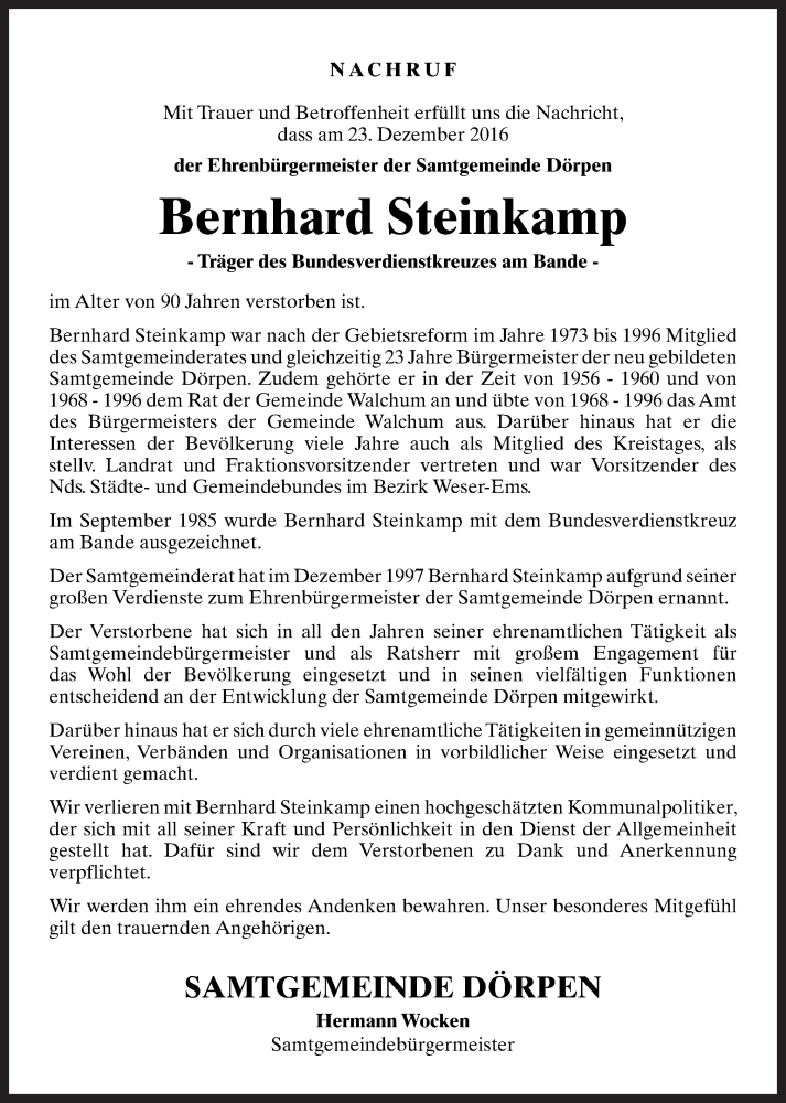  Traueranzeige für Bernhard Steinkamp vom 29.12.2016 aus Neue Osnabrücker Zeitung GmbH & Co. KG