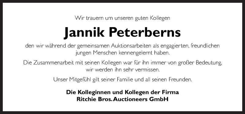  Traueranzeige für Jannik Peterberns vom 06.12.2016 aus Neue Osnabrücker Zeitung GmbH & Co. KG