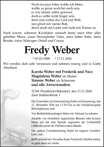 Traueranzeige von Fredy Weber von Neue Osnabrücker Zeitung GmbH & Co. KG