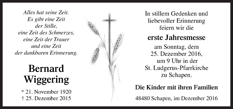  Traueranzeige für Bernard Wiggering vom 17.12.2016 aus Neue Osnabrücker Zeitung GmbH & Co. KG