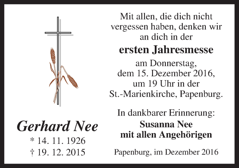  Traueranzeige für Gerhard Nee vom 12.12.2016 aus Neue Osnabrücker Zeitung GmbH & Co. KG