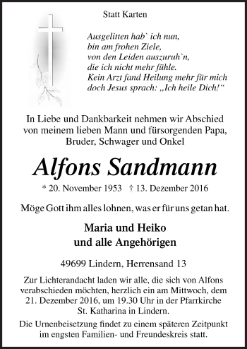 Traueranzeige von Alfons Sandmann von Neue Osnabrücker Zeitung GmbH & Co. KG