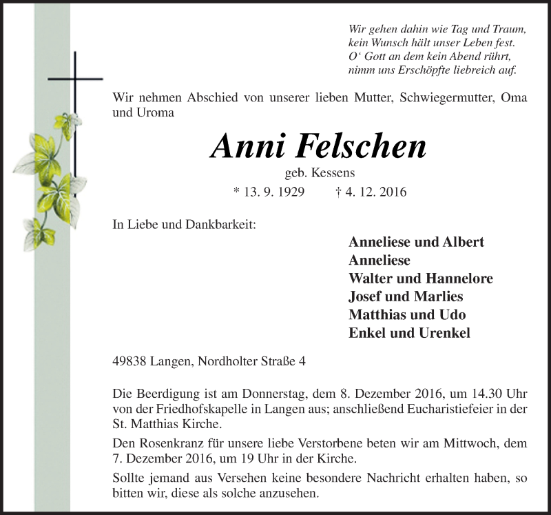  Traueranzeige für Anni Felschen vom 06.12.2016 aus Neue Osnabrücker Zeitung GmbH & Co. KG