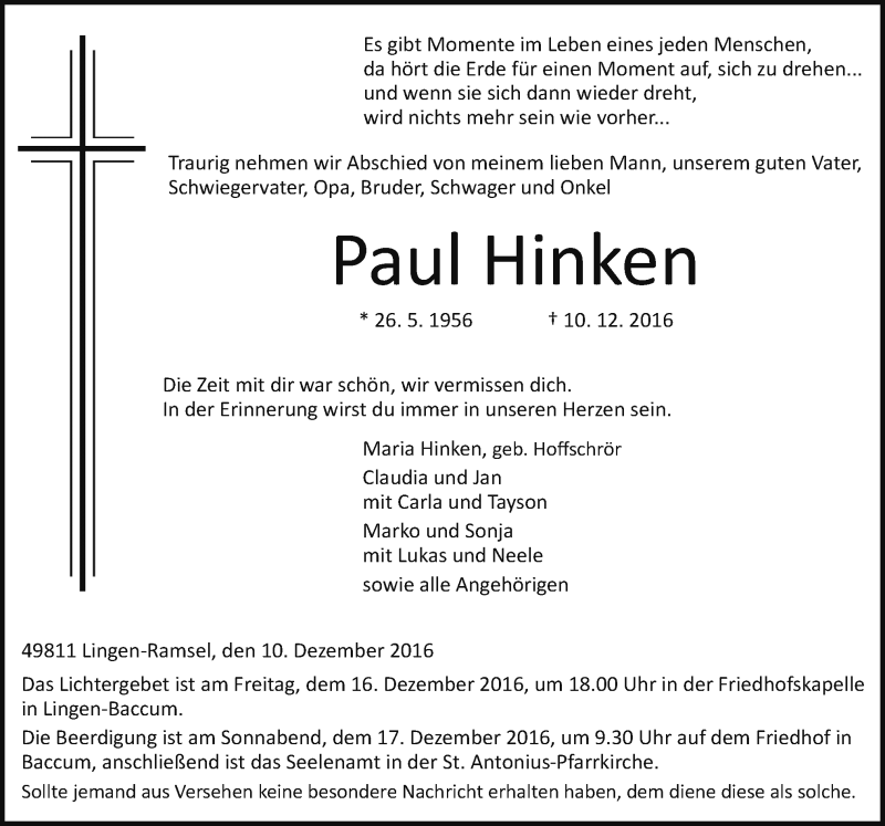  Traueranzeige für Paul Hinken vom 14.12.2016 aus Neue Osnabrücker Zeitung GmbH & Co. KG