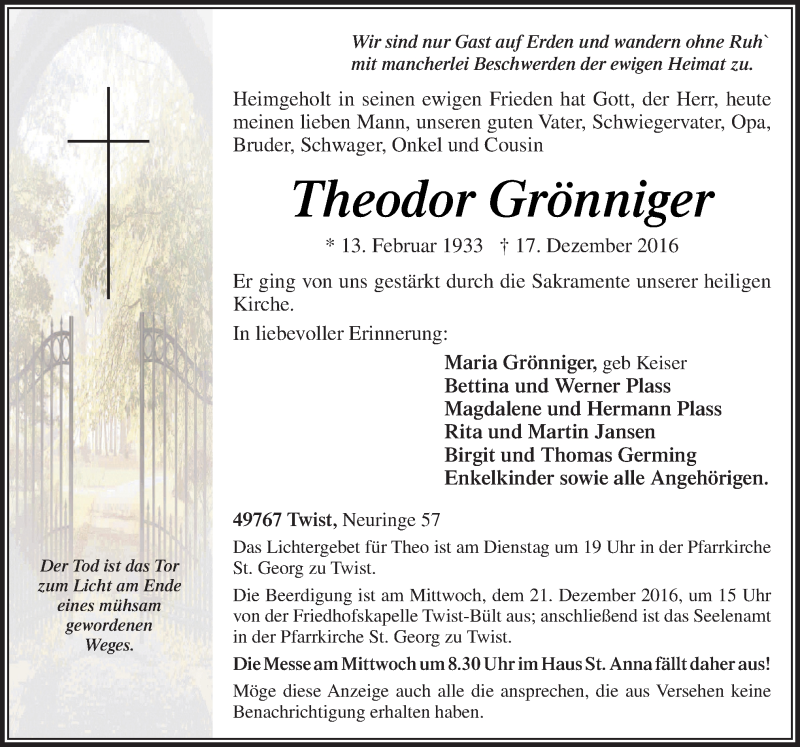  Traueranzeige für Theodor Grönniger vom 19.12.2016 aus Neue Osnabrücker Zeitung GmbH & Co. KG
