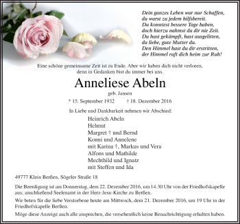 Traueranzeige von Anneliese Abeln von Neue Osnabrücker Zeitung GmbH & Co. KG