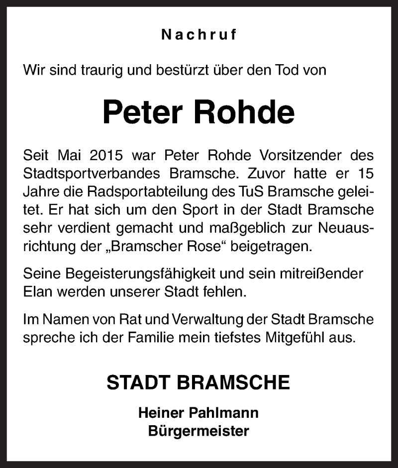  Traueranzeige für Peter Rohde vom 01.12.2016 aus Neue Osnabrücker Zeitung GmbH & Co. KG