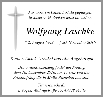 Traueranzeige von Wolfgang Laschke von Neue Osnabrücker Zeitung GmbH & Co. KG