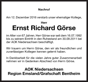 Traueranzeige von Ernst Richard Görse von Neue Osnabrücker Zeitung GmbH & Co. KG