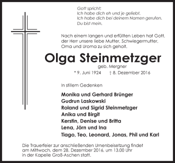 Traueranzeige von Olga Steinmetzger von Neue Osnabrücker Zeitung GmbH & Co. KG