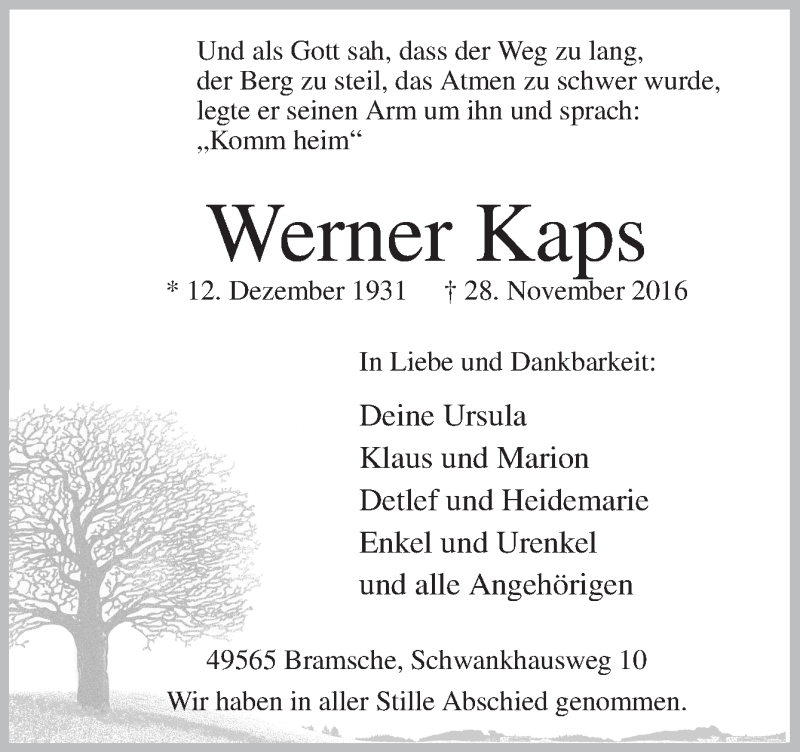  Traueranzeige für Werner Kaps vom 07.12.2016 aus Neue Osnabrücker Zeitung GmbH & Co. KG