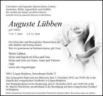 Traueranzeige von Auguste Lübben von Neue Osnabrücker Zeitung GmbH & Co. KG