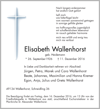 Traueranzeige von Elisabeth Wallenhorst von Neue Osnabrücker Zeitung GmbH & Co. KG