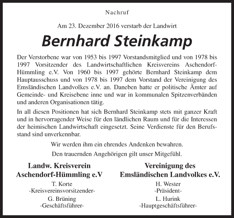  Traueranzeige für Bernhard Steinkamp vom 29.12.2016 aus Neue Osnabrücker Zeitung GmbH & Co. KG
