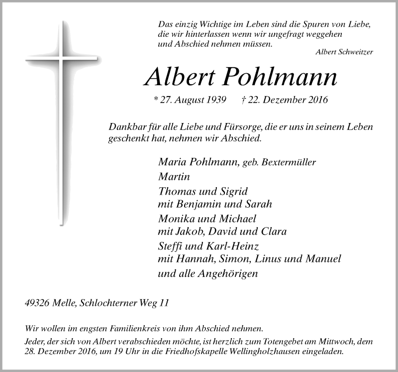  Traueranzeige für Albert Pohlmann vom 27.12.2016 aus Neue Osnabrücker Zeitung GmbH & Co. KG