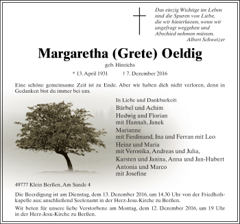 Traueranzeige von Margaretha Oeldig von Neue Osnabrücker Zeitung GmbH & Co. KG