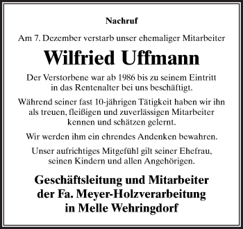 Traueranzeige von Wilfried Uffmann von Neue Osnabrücker Zeitung GmbH & Co. KG