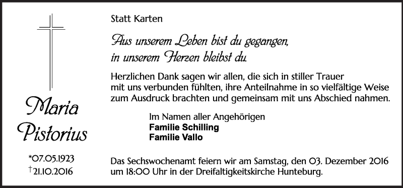  Traueranzeige für Maria Pistorius vom 03.12.2016 aus Neue Osnabrücker Zeitung GmbH & Co. KG