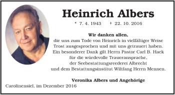Traueranzeige von Heinrich Albers von Neue Osnabrücker Zeitung GmbH & Co. KG