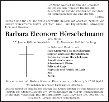 Traueranzeige von Barbara Eleonore Hörschelmann von Neue Osnabrücker Zeitung GmbH & Co. KG