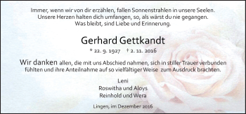 Traueranzeige von Gerhard Gettkandt von Neue Osnabrücker Zeitung GmbH & Co. KG
