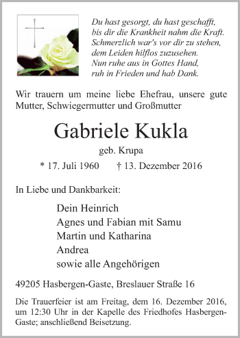 Traueranzeige von Gabriele Kukla von Neue Osnabrücker Zeitung GmbH & Co. KG