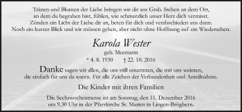 Traueranzeige von Karola Wester von Neue Osnabrücker Zeitung GmbH & Co. KG