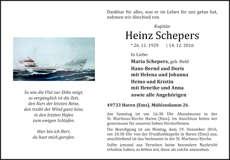  Traueranzeige für Heinz Schepers vom 16.12.2016 aus Neue Osnabrücker Zeitung GmbH & Co. KG