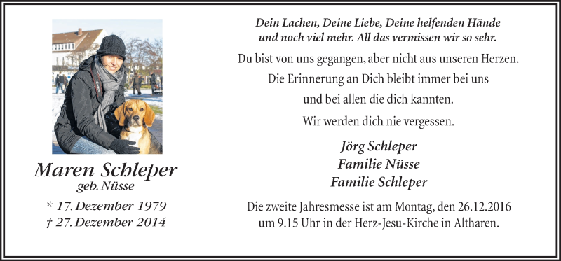  Traueranzeige für Maren Schleper vom 23.12.2016 aus Neue Osnabrücker Zeitung GmbH & Co. KG
