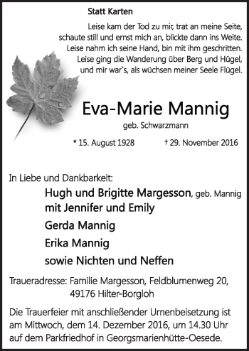 Traueranzeige von Eva-Marie Mannig von Neue Osnabrücker Zeitung GmbH & Co. KG