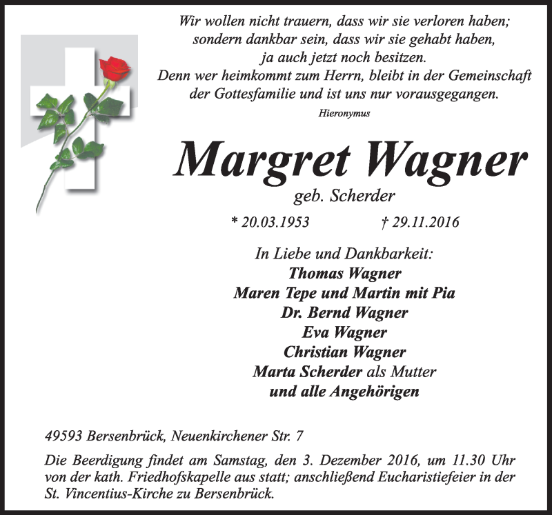  Traueranzeige für Margret Wagner vom 01.12.2016 aus Neue Osnabrücker Zeitung GmbH & Co. KG