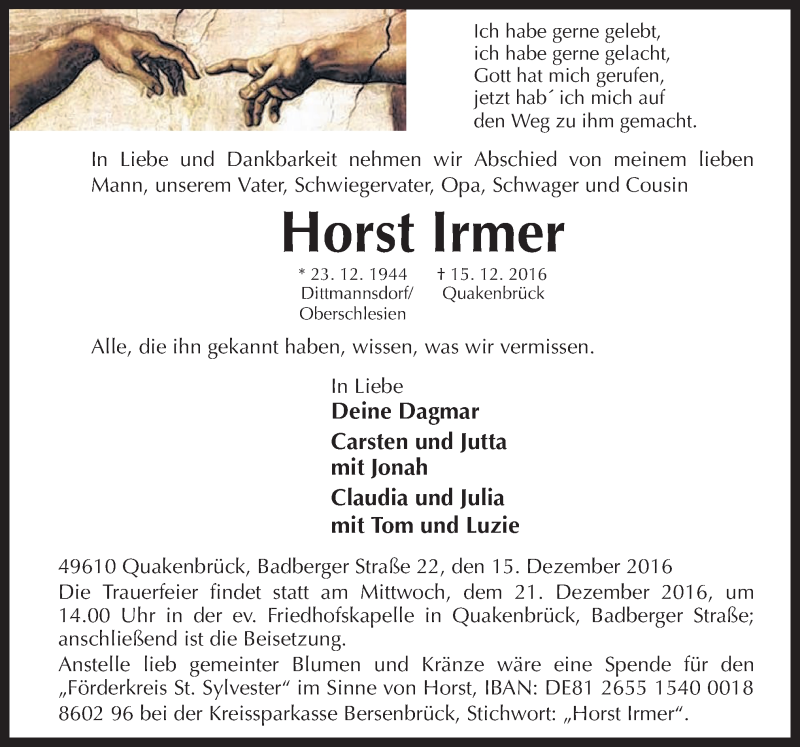  Traueranzeige für Horst Irmer vom 19.12.2016 aus Neue Osnabrücker Zeitung GmbH & Co. KG