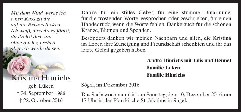  Traueranzeige für Kristina Hinrichs vom 07.12.2016 aus Neue Osnabrücker Zeitung GmbH & Co. KG