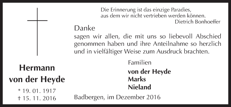  Traueranzeige für Hermann von der Heyde vom 22.12.2016 aus Neue Osnabrücker Zeitung GmbH & Co. KG