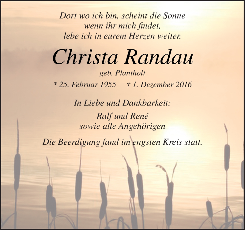  Traueranzeige für Christa Randau vom 10.12.2016 aus Neue Osnabrücker Zeitung GmbH & Co. KG