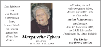 Traueranzeige von Margaretha Egbers von Neue Osnabrücker Zeitung GmbH & Co. KG