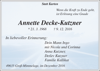 Traueranzeige von Annette Decke-Kutzner von Neue Osnabrücker Zeitung GmbH & Co. KG