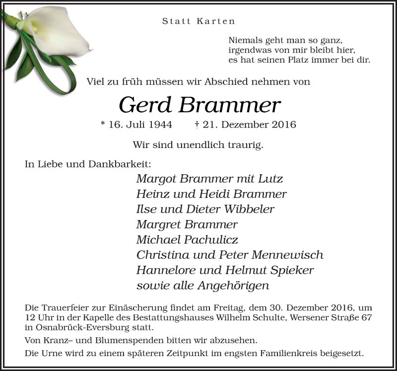  Traueranzeige für Gerd Brammer vom 28.12.2016 aus Neue Osnabrücker Zeitung GmbH & Co. KG