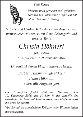 Traueranzeige von Christa Höhnert von Neue Osnabrücker Zeitung GmbH & Co. KG