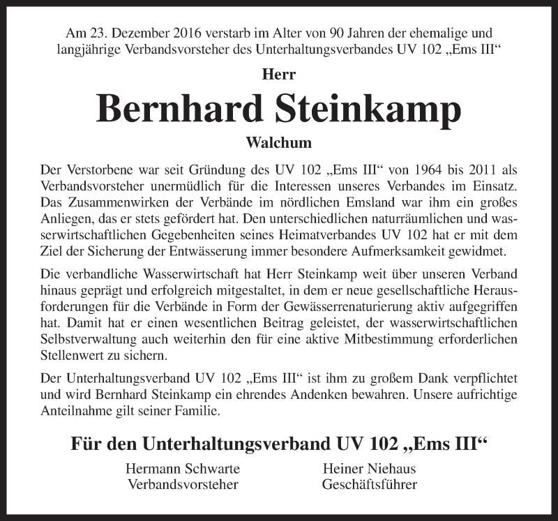  Traueranzeige für Bernhard Steinkamp vom 29.12.2016 aus Neue Osnabrücker Zeitung GmbH & Co. KG