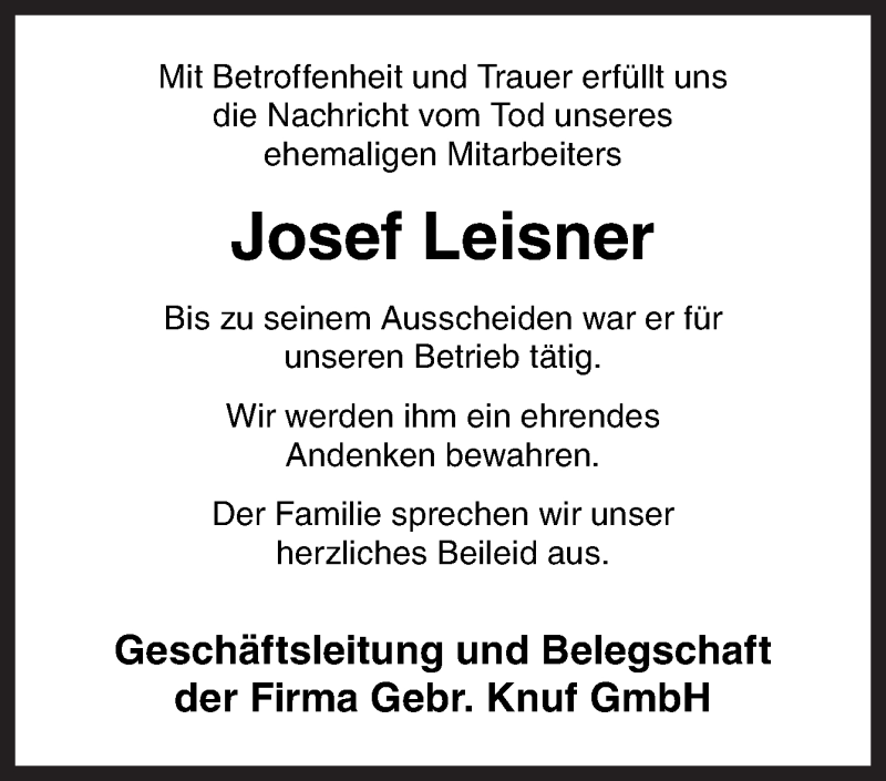  Traueranzeige für Josef Leisner vom 03.12.2016 aus Neue Osnabrücker Zeitung GmbH & Co. KG
