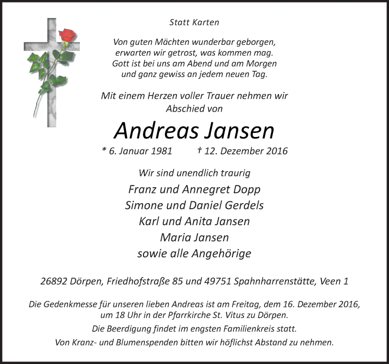  Traueranzeige für Andreas Jansen vom 14.12.2016 aus Neue Osnabrücker Zeitung GmbH & Co. KG