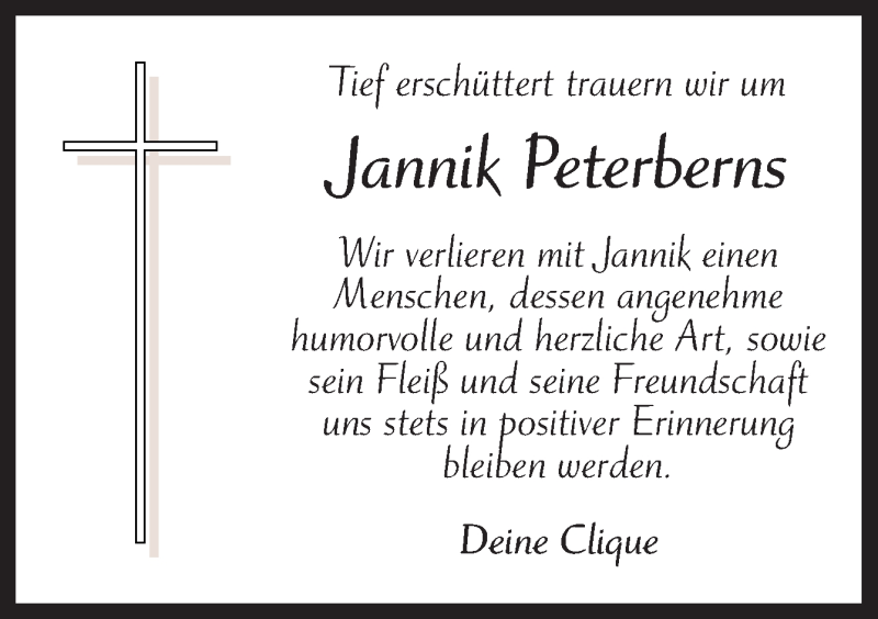  Traueranzeige für Jannik Peterberns vom 05.12.2016 aus Neue Osnabrücker Zeitung GmbH & Co. KG