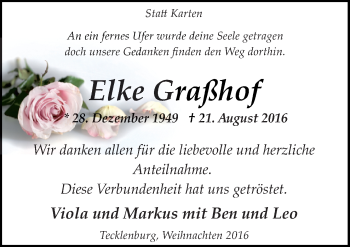 Traueranzeige von Elke Graßhof von Neue Osnabrücker Zeitung GmbH & Co. KG