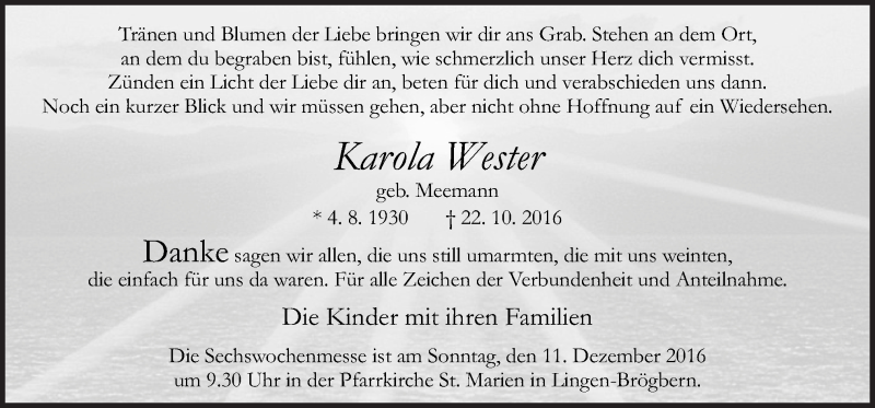  Traueranzeige für Karola Wester vom 07.12.2016 aus Neue Osnabrücker Zeitung GmbH & Co. KG