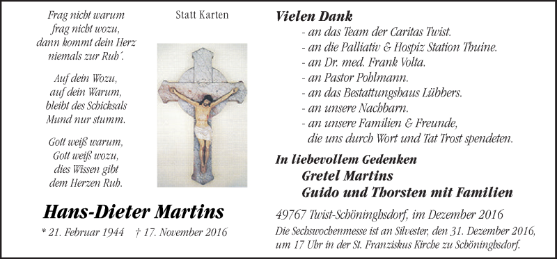  Traueranzeige für Hans-Dieter Martins vom 29.12.2016 aus Neue Osnabrücker Zeitung GmbH & Co. KG