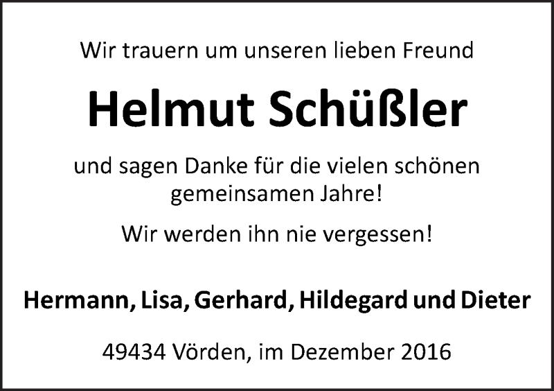  Traueranzeige für Helmut Schüßler vom 08.12.2016 aus Neue Osnabrücker Zeitung GmbH & Co. KG
